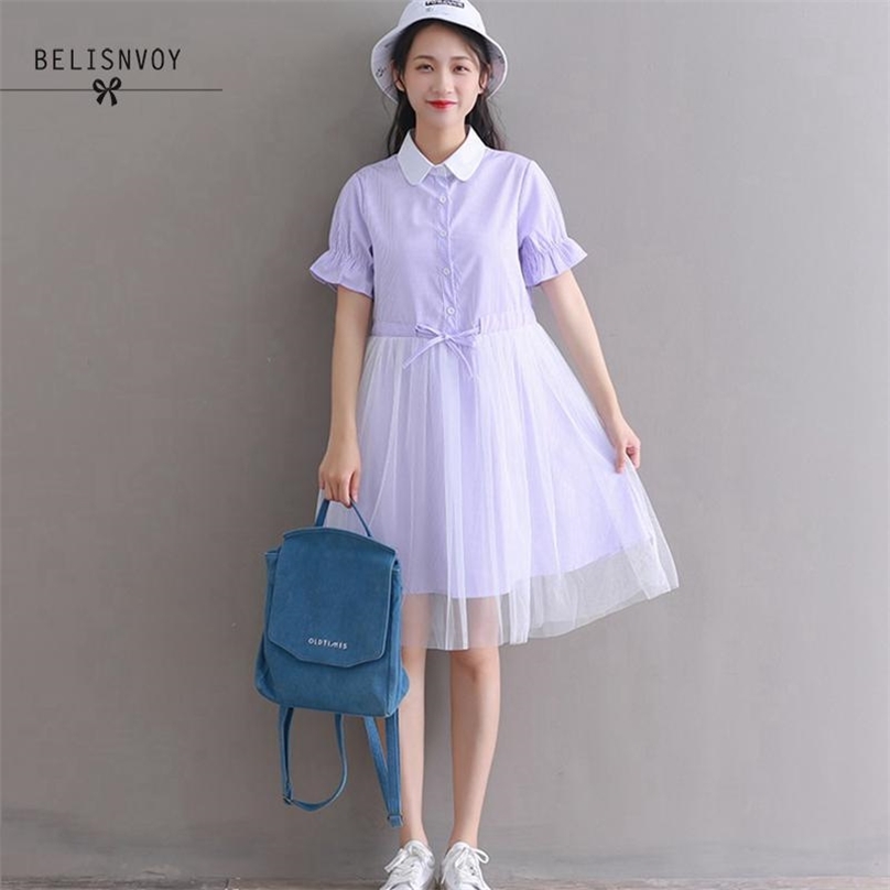 Preppy Style Mesh Patchwork Summer Women Dress Turn-Down Collar Blue Purple Striped Casual Vestidos Elegant Kawaii 210520, Lavender
Preppy Style Mesh Patchwork Summer Women Dress Turn-Down Collar Blue Purple Striped Casual Vestidos Elegant Kawaii 210520, Lavender