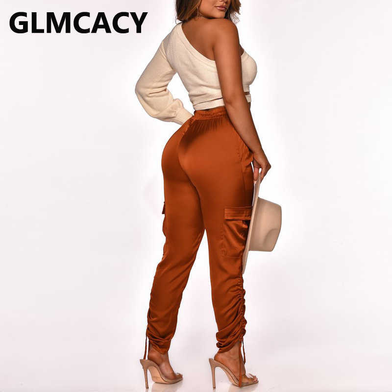 Women Solid Silky Pants Chic Drawstring Leg Ruched Pants Trousers 210702