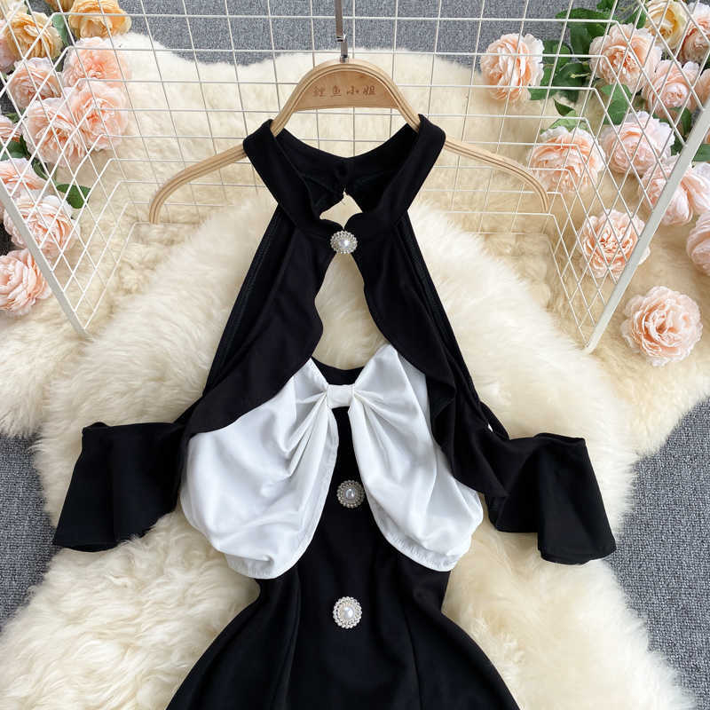 DEAT Women Halter Strapless Bow Dress Short Sleeve Arrivals Lady Sexy Temperamnet Fashion Spring Summer 11D1574 210709