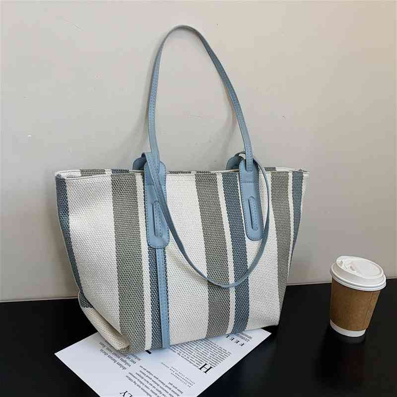 Large capacity new striped canvas women's shoulder bag foreign style fashion leisure trend Tote Bag, Khaki