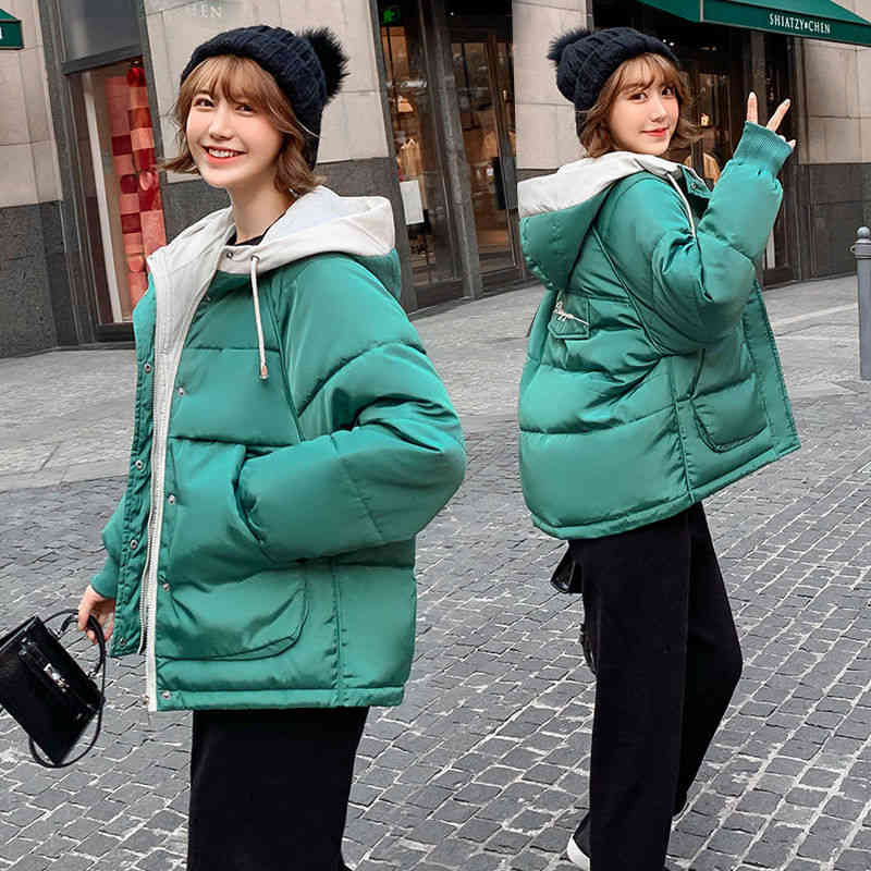 Korea Fashion Winter Women Cotton Padded Jacket Plus Size Warm Thick Hooded Short Coat Loose bread Lady Parkas D328 210512
