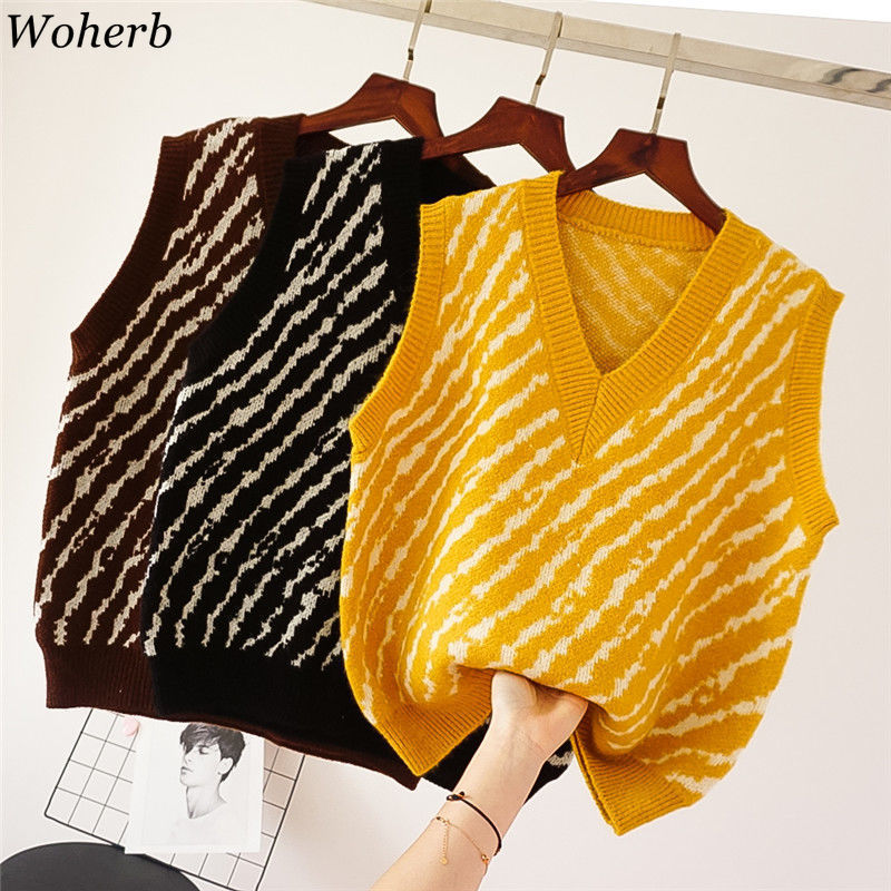 Zebra Pattern Vintage Knit Sweater Vest Women Fashion Sleeveless V-Neck Casual Tank Tops Autumn Pullovers 94099 210519