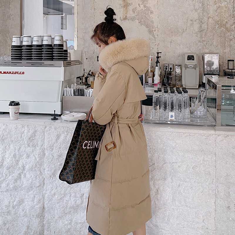 Yedinas Winter Long Coat Women Hooded Parka Ladies Thick Warm Jacket With Belt Elegant Big Fur Collar Coats Female 210527