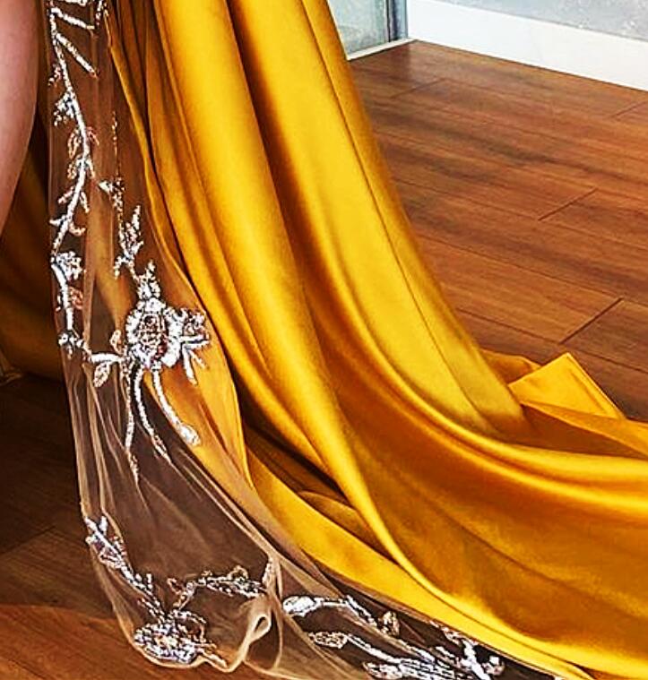 Plus Size Arabic Aso Ebi Yellow Luxurious Sexy Prom Dresses Beaded Crystals High Split Evening Formal Party Second Reception Gowns Dress ZJ255
