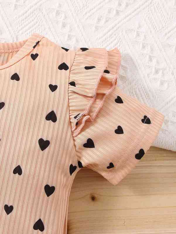 Baby Heart Print Ruffle Trim Bodysuit & Belted Pants With Headband SHE