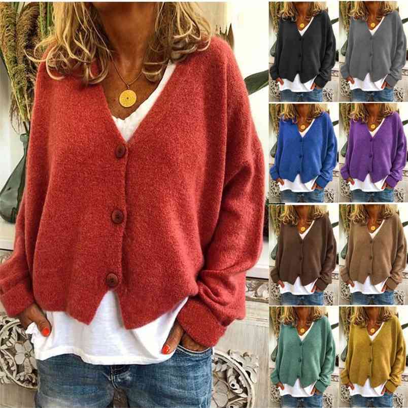 Women's Casual Fashion Solid Color Short Sweater Knitted Cardigan Autumn Winter Loose Long Sleeve Jacket Top Plus Size 210522