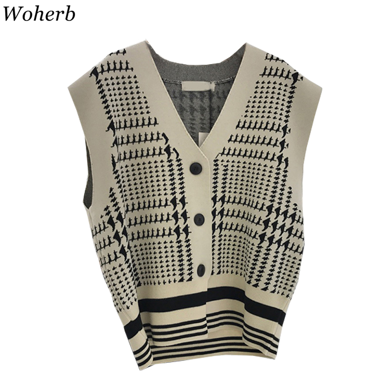 Women Sweater Spring Japanese Preppy Style V Neck Loose Vests Jacquard Single Breasted Vintage Knit Waistcoat Tops 210519