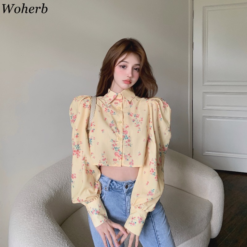 Floral Shirt Women's Elegant Turn Down Collar Puff Long Sleeve Blusas Spring Single Breasted Ladies Crop Tops Sweet 210519