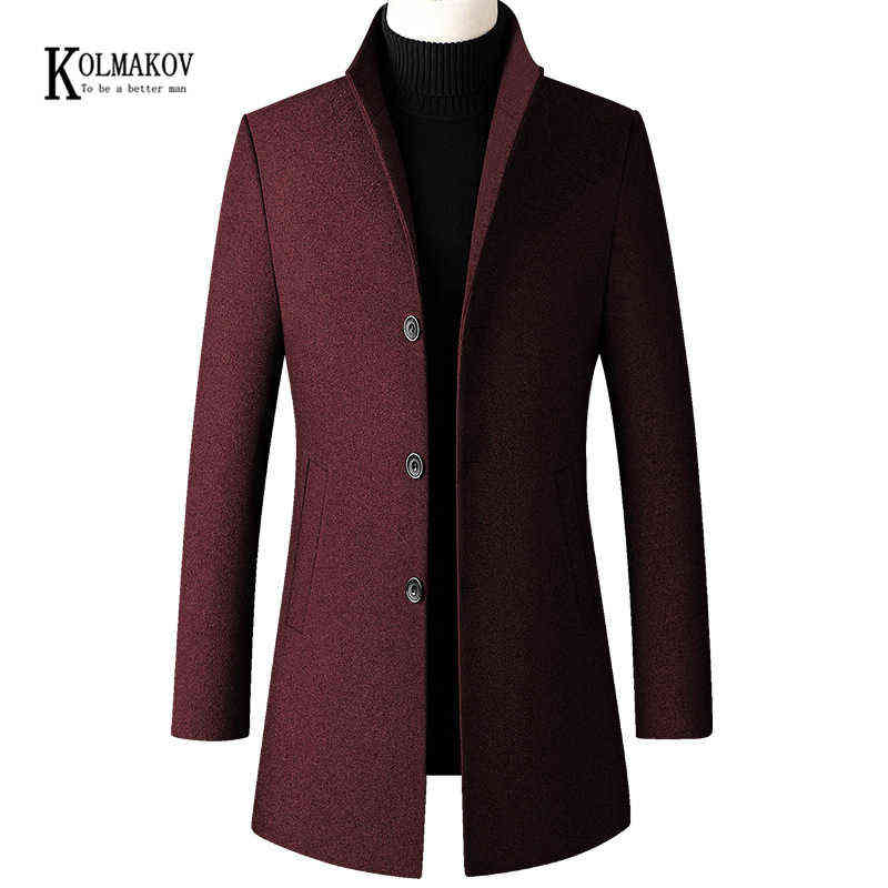 KOLMAKOV Autumn/Winter British Style Solid Men Long Woolen Coat Slim Fit Wine Red Black Navy Blue Gray Overcoat Male 4XL 211122