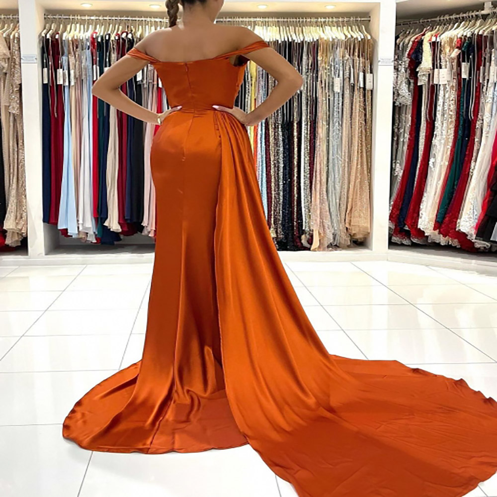 Off The Shoulder Organge Mermaid Evening Dress With Train Sexy Side Slit SIlk Satin Formal Prom Dresses Elegant Women Celebrity Party Vestidos De Fies