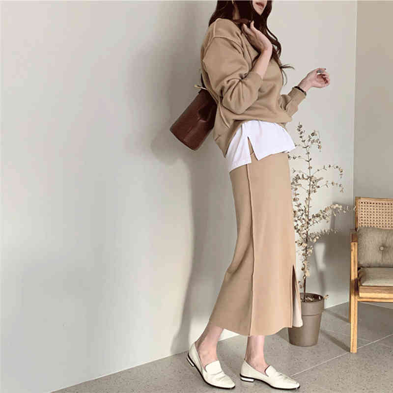 Colorfaith New Autumn Winter Women Sets Two Pieces Pullovers And Skirts Split Pockets Minimalist Style Ladies Sets WS9807 210413