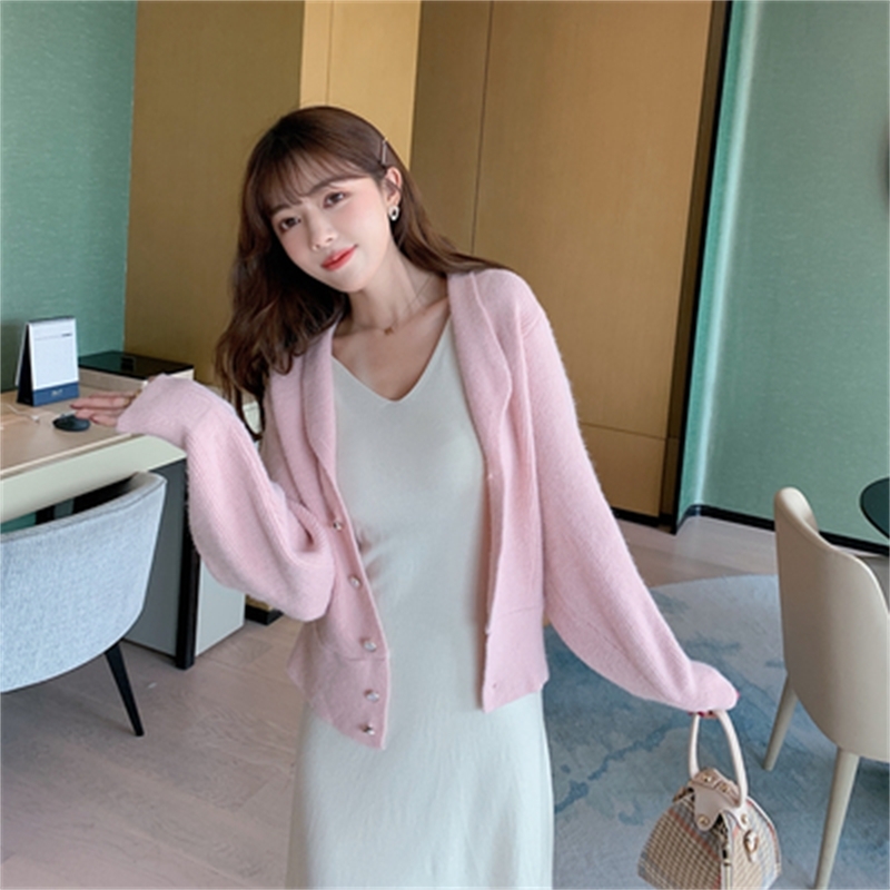 Korean V-neck Knitted Cardigan Sweater Women Autumn Winter Long Sleeve Single Breasted Tops Solid Ladies Elegant Jumpers 210514