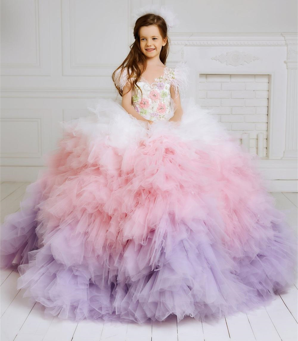 Colorful Tiered Cupcakes Little Girl Pageant Dresses Feather Sleeve Tutu Tulle Skirt Beauty Prom Pageant Dress First holy Communion Gowns Brithday Par