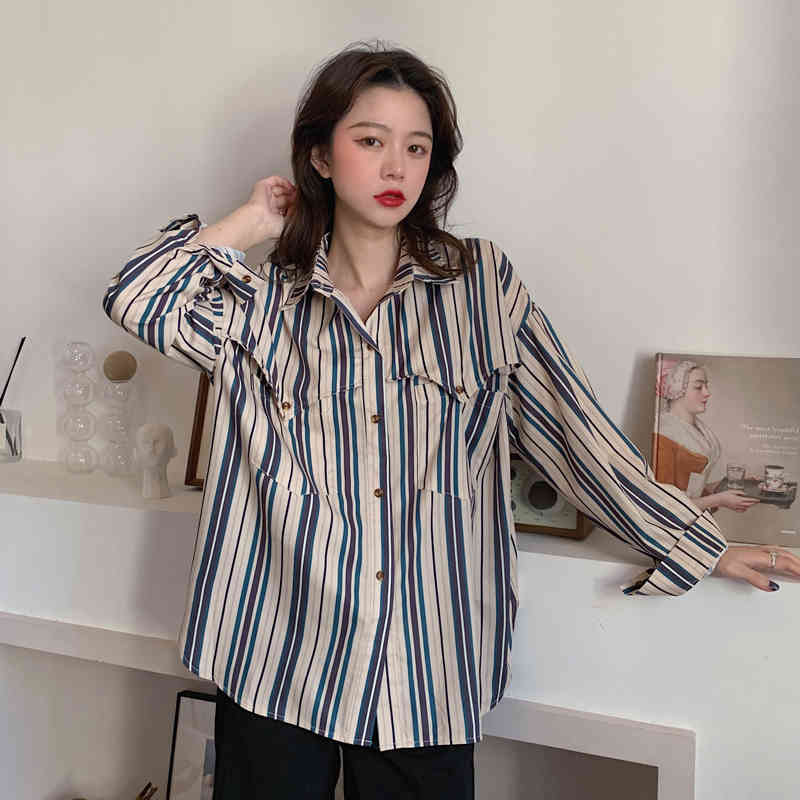 QOERLIN Striped Long Sleeve Turn Down Collar Elegant Plus Size Women Blouse Streetwear Oversize Shirts Big Size Blusa Feminine 210412