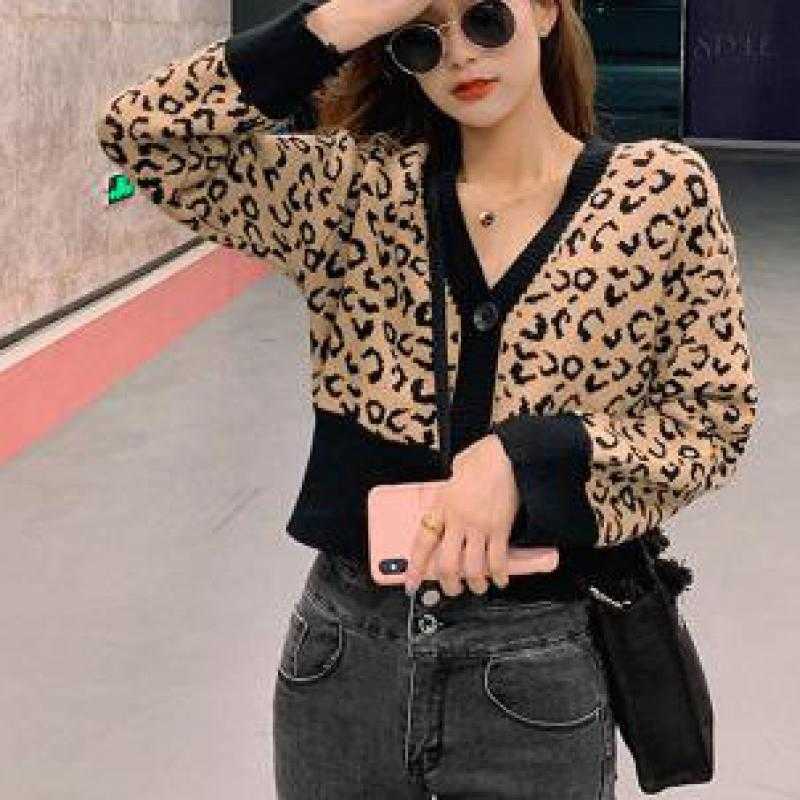 Yedinas Leopard Cardigan Women Korean Style Ladies Sweater Autumn Winter Kardigan Fashion Open Stitch 210527