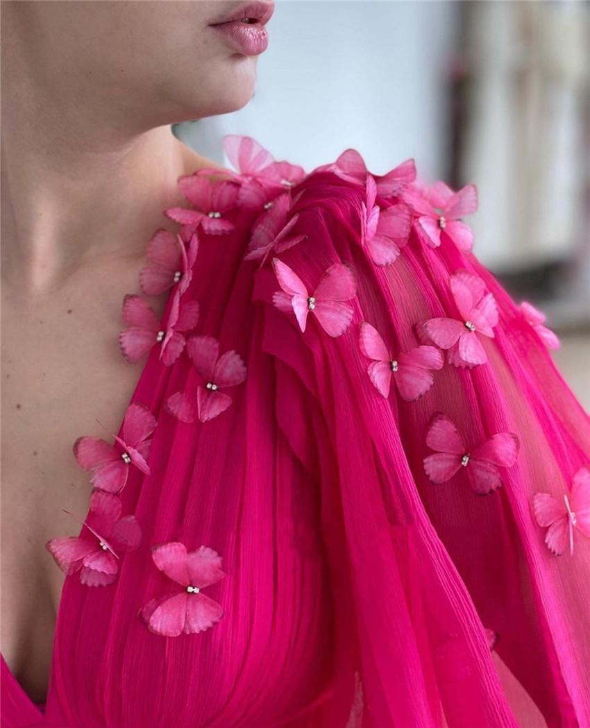 Bright Pink Chiffon Prom Dress With 3 D Butterfly Flowers Long Puff Sleeves V Neck Slit A Line Evening Dresses Custom Made Formal Party Wear