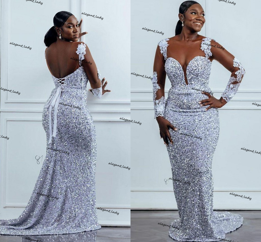 Brilliant Sequin Mermaid Evening Dresses O Neck Long Sleeve Appliques African Plus Size Sweetheart Backless Prom Dress Wear