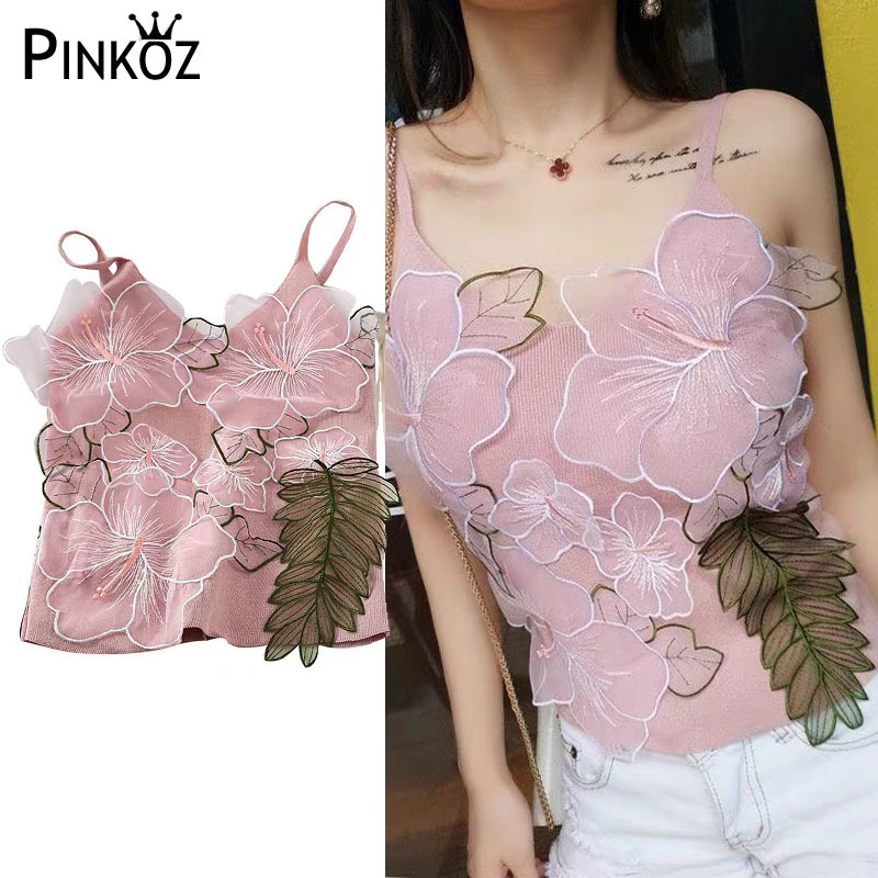 V-neck SlimTops Women Spring and Summer Nightclub Leaf Flower Appliques Sleeveless Streetwear Short Vest Sexy Top 210421