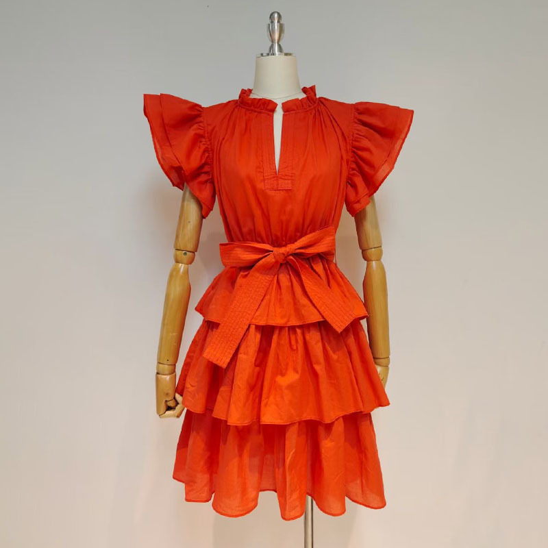 VGH White Casual Dress For Women Stand Collar Short Sleeve High Waist Lace Up Bowknot Patchwork Ruffle Mini Dresses Female 210421