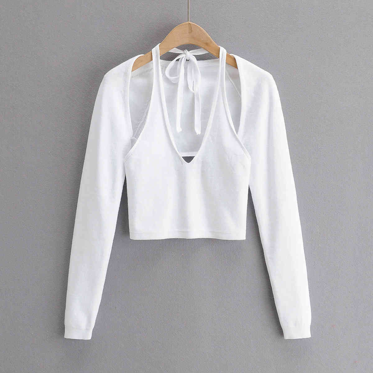 Nomikuma Women Knitted Sets Lace Up Halter Sling Vest + Long Sleeve Sweater Cardigan Coat Spring New Sexy Short Suits 6E188 210427