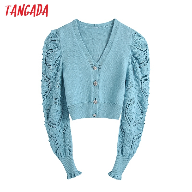 Women Cardigans V Neck Puff Sleeve Hollow Out Crochet Short Knitted Sweater Female Chic Diamond Button Tops BE229 210416