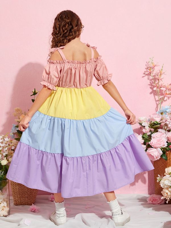 Girls Color Block Frill Trim Ruched Knot Shoulder Puff Sleeve Dress SHE