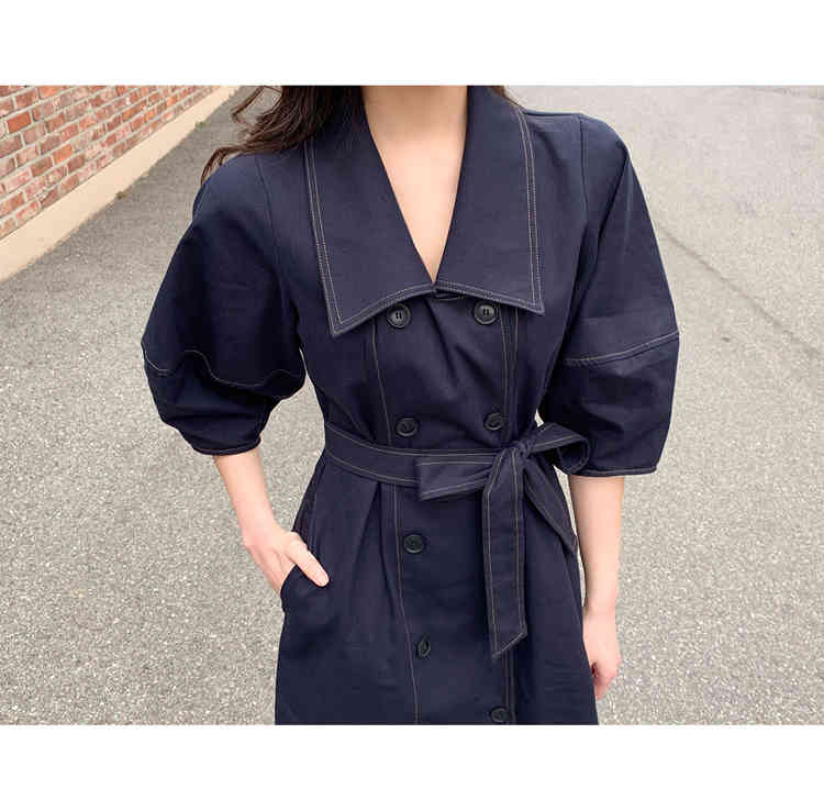 Summer Turn down collar Big Swing Dress Women Double-breasted Belt Waist es Puff Sleeve Solid OL Casual 210519