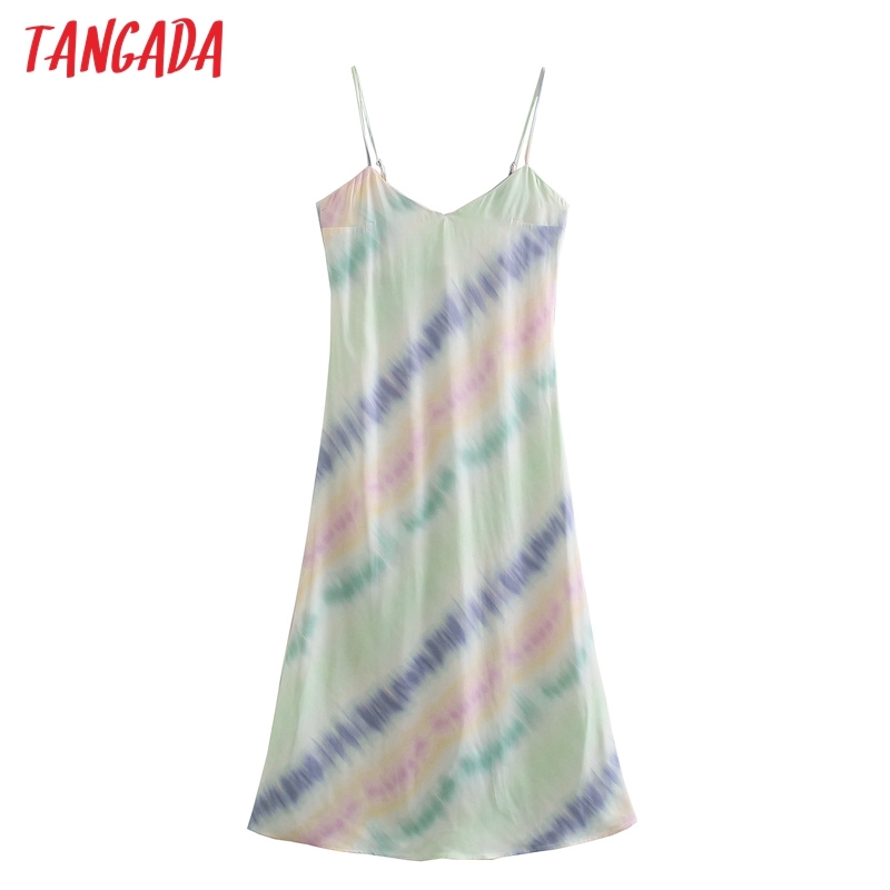 Fashion Women Tie Dyed Print Loose Strap Adjust Sleeveless High Street Ladies Midi Dress JE26 210416