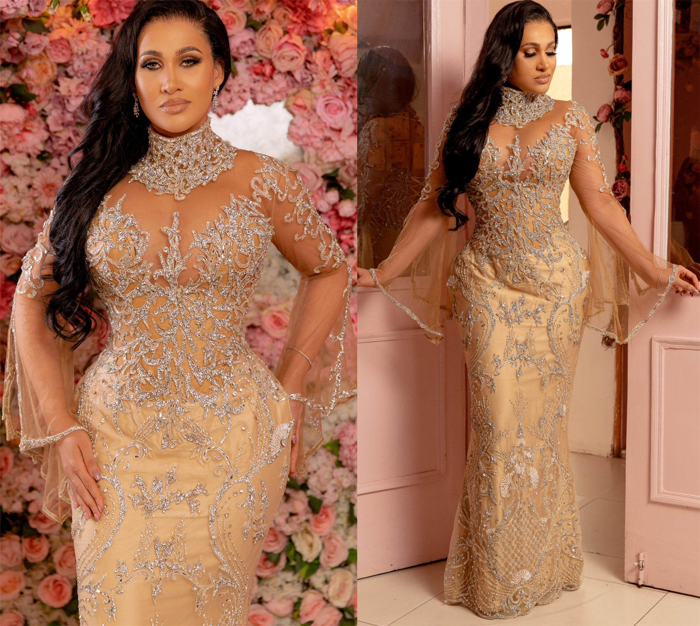 Plus 2021 Size Arabic Aso Ebi Gold Urious Mermaid Prom Dresses Lace Beaded Crystals Long Sleeves Evening Formal Party Second Reception Gowns Zj473 Lz0
