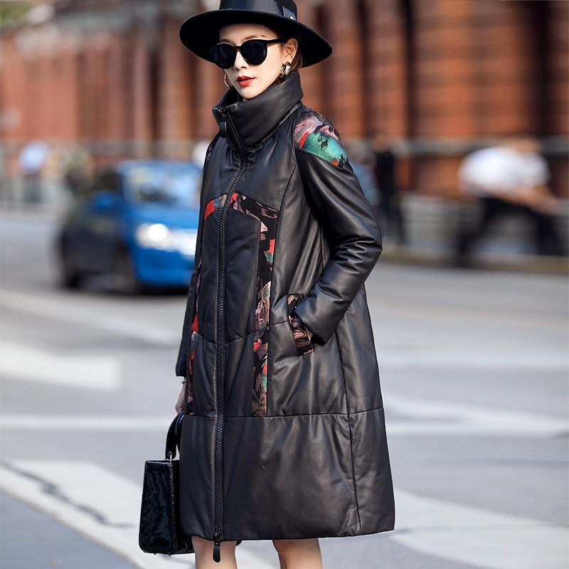 Warm Women Winter Mid Long Down Jacket Vintage Printed Stand Collar Windbreaker Overcoat Sheepskin Coat Genuine Leather Jackets Women's & Fa