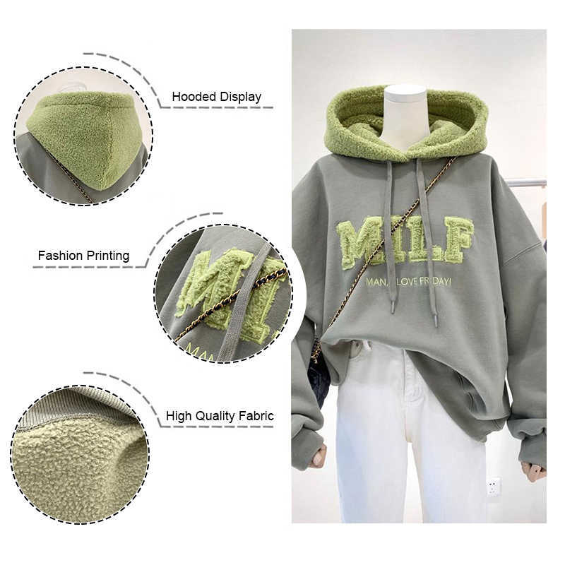 Hoodies Women Sweatshirts Letter MILF Print Wool Pullovers Loose Korean Style Jacket Full Sleeve Casual Winter Jacket Tops 210528