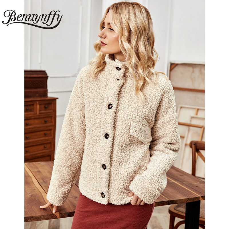 Stand Collar Autumn winter Teddy Coat Women Korean Loose Faux Shearling Single Breasted Warm Jacket Female Outwear 210510