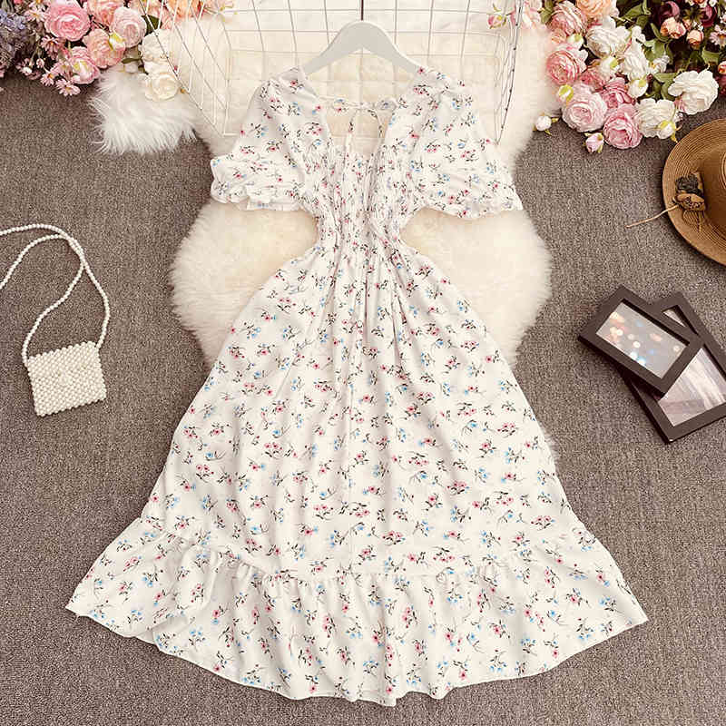 Summer Dress Women Vintage High Waist Floral Print Elegant Short Sleeve Dresses Ruffles Maxi Korean Vestidos 210519