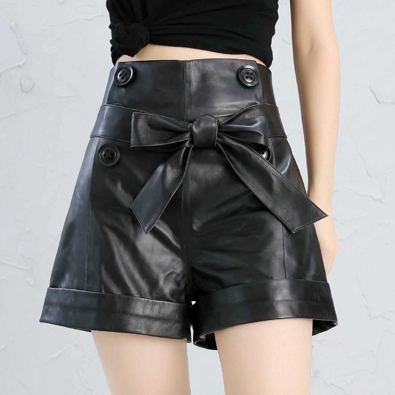 Cow Short Leather Women's Real Sheepskin Black Large Size Korean Shorts