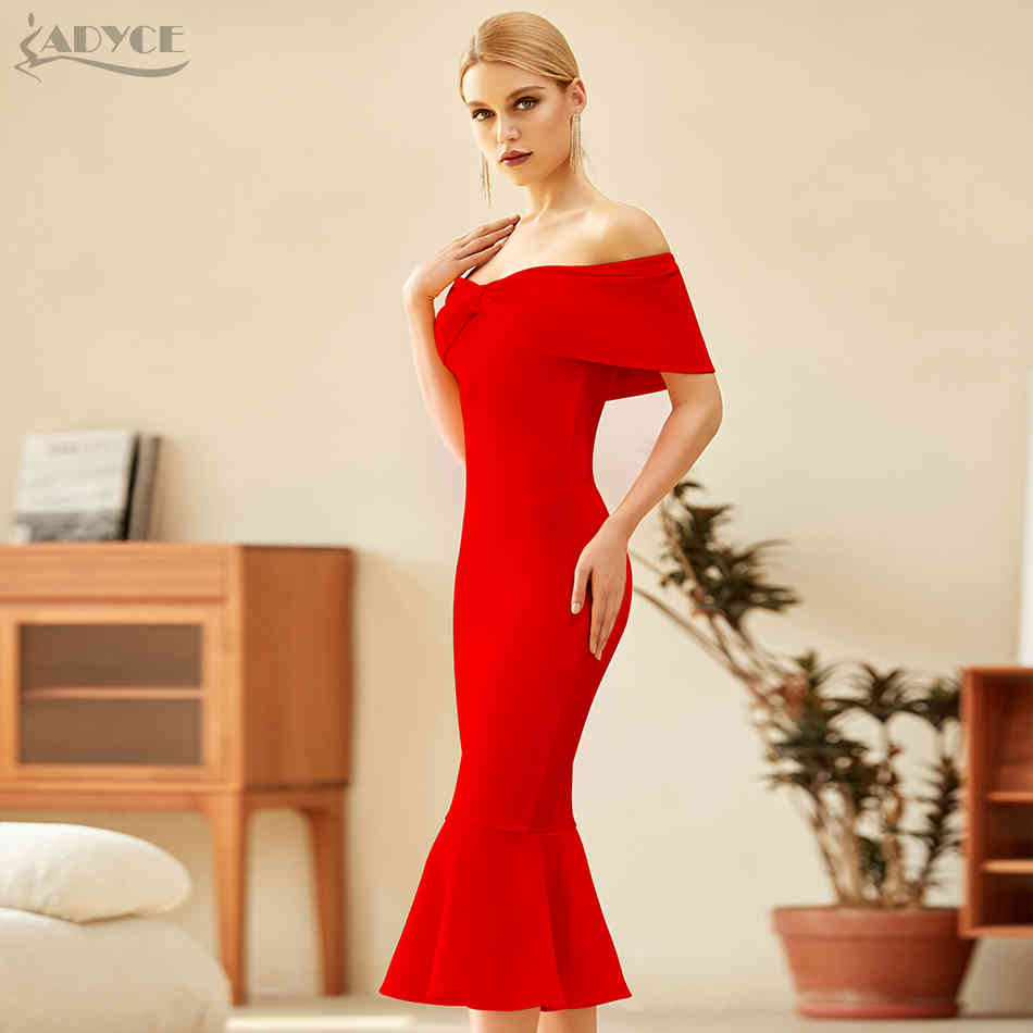 Winter Women Red Off Shoulder Short Sleeve Club Bodycon Bandage Dress Sexy Mermaid Celebrity Runway Party Dresses 210423