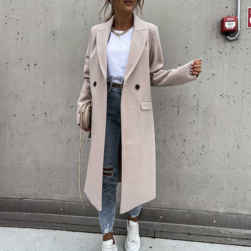 Fashion Elegant Women Long Overcoat Autumn Winter Turn-Down Collar Woolen Coat Tops Office Lady Casual Loose Outwear 210924