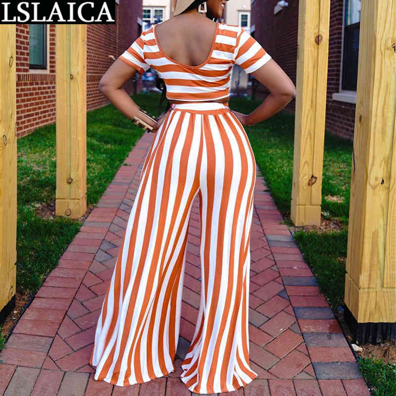 Fashion Women's Suit Short Sleeve Tops Wide Leg Pants Striped Print Set Woman 2 Pieces Summer Elegant Office Lady Two Piece 210520