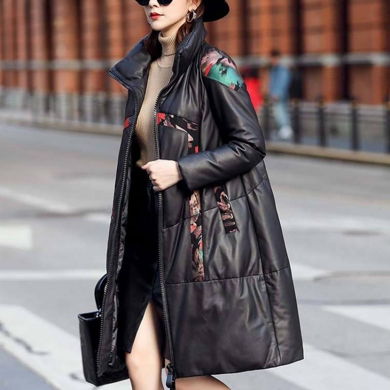 Warm Women Winter Mid Long Down Jacket Vintage Printed Stand Collar Windbreaker Overcoat Sheepskin Coat Genuine Leather Jackets Women's & Fa