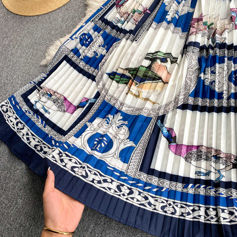 Women's Fashion Short-sleeved Printing Pleated A-line Dress Vintage Elegant Clothes Vestidos De Mujer S768 210527