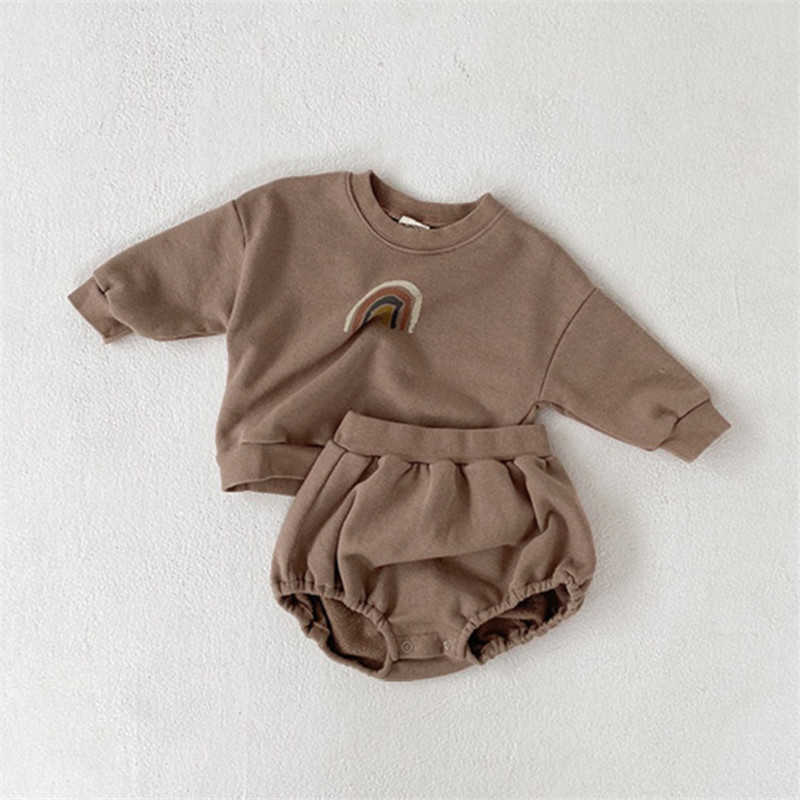 Korean Baby Boys And Girls Rainbow Clothing Set Long Sleeve Hoodies + Short Children Casual Two Piece Clothes 210615