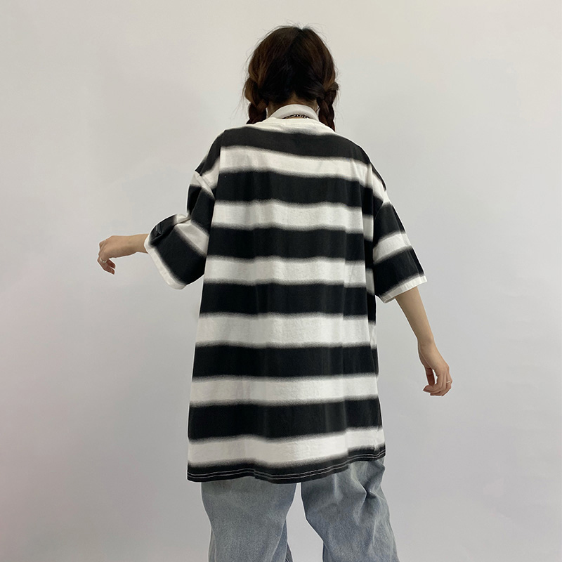 Harajuku Cartoon Print Tops Women's Summer Round Neck Large Size Short Sleeve Striped T-shirt Female 5C309 210427