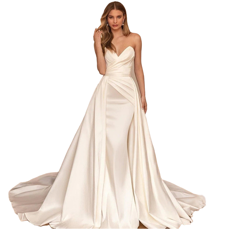Elegant Ivory A-line Satin Wedding Dress With Detachable Skirt Sweetheart Strapless Long Train Bridal Gowns Sleveless Backless Garden Wedding Dresses 
