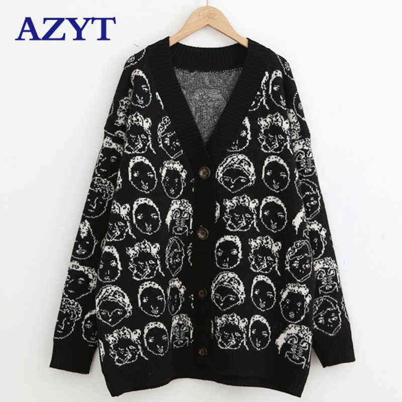 AZYT Autumn Winter Comic V neck Cardigan Female Jacket Knitwear Sweater Coat Casual Knit Jacket Sweater For Women 211109