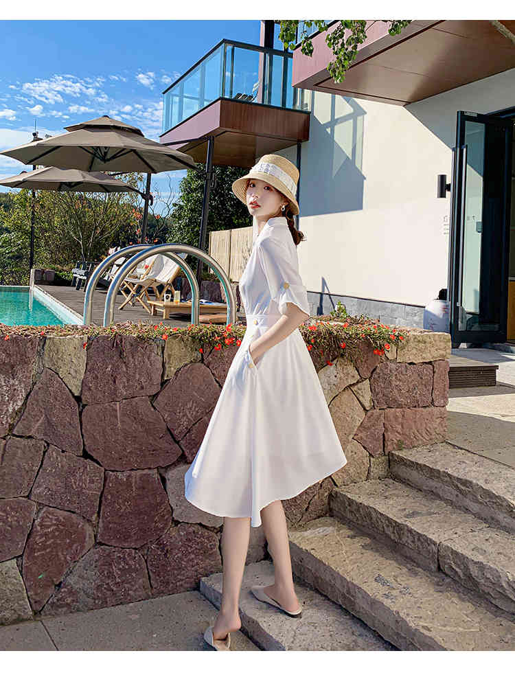 Spring Summer Women Dress White Notched Collar Half Sleeve Vestidos High Waist Knee-Length Chiffon Robe 210519