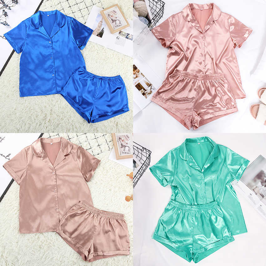 Suphis 5 Colors Satin Nightshirt With Shorts Nightwear Suit Silk Pyjama Short Sleeve Casual Pajama Sets Women Sleepwear Summer 210826