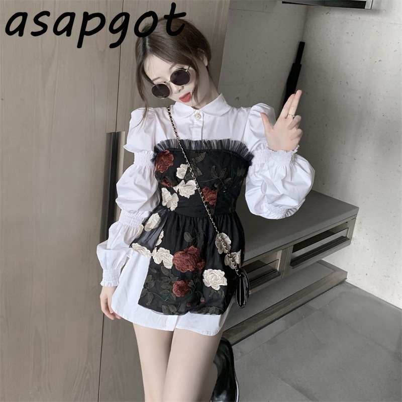 White Puff Long Sleeve Turn Down Collar Shirt Dress Short Sleeveless Irregular Flower Embroidery Mesh Top Strapless Patchwork 210429