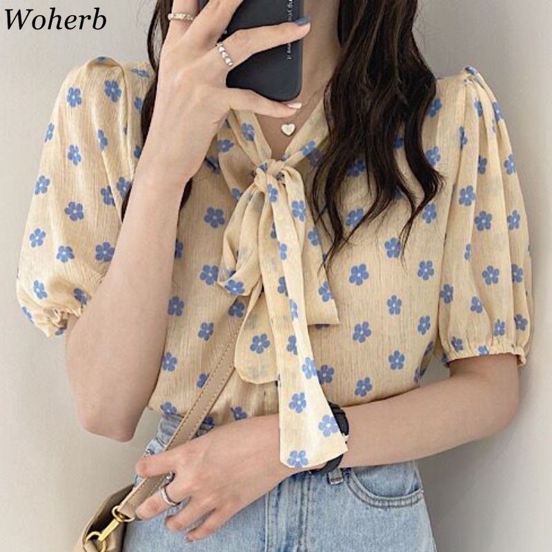 Blusas Mujer De Moda Women Blouses Sweet Bow Tie Lace-up Flower Puff Sleeve Shirt Korean Elegant Fresh Chiffon Tops 210519