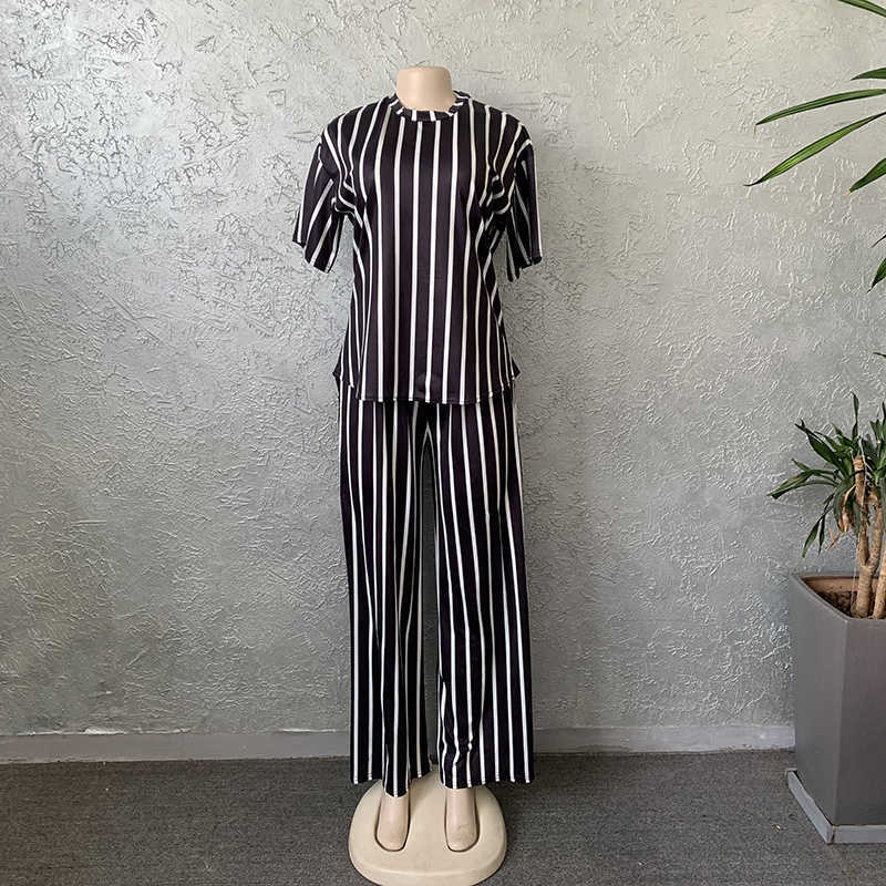 Women's Stripe Printed 2 Piece Sets Tracksuit Women Casual Plus Size Office Lady Tops and Wide Leg Pants Set For Women 211007