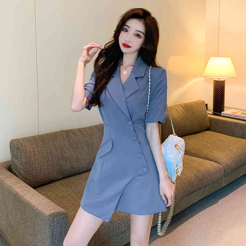 Women's Blazer Dress Korean Style Summer Fashion Elegant Office Lady Notched Short Sleeve High Waist Slim Dress 210518