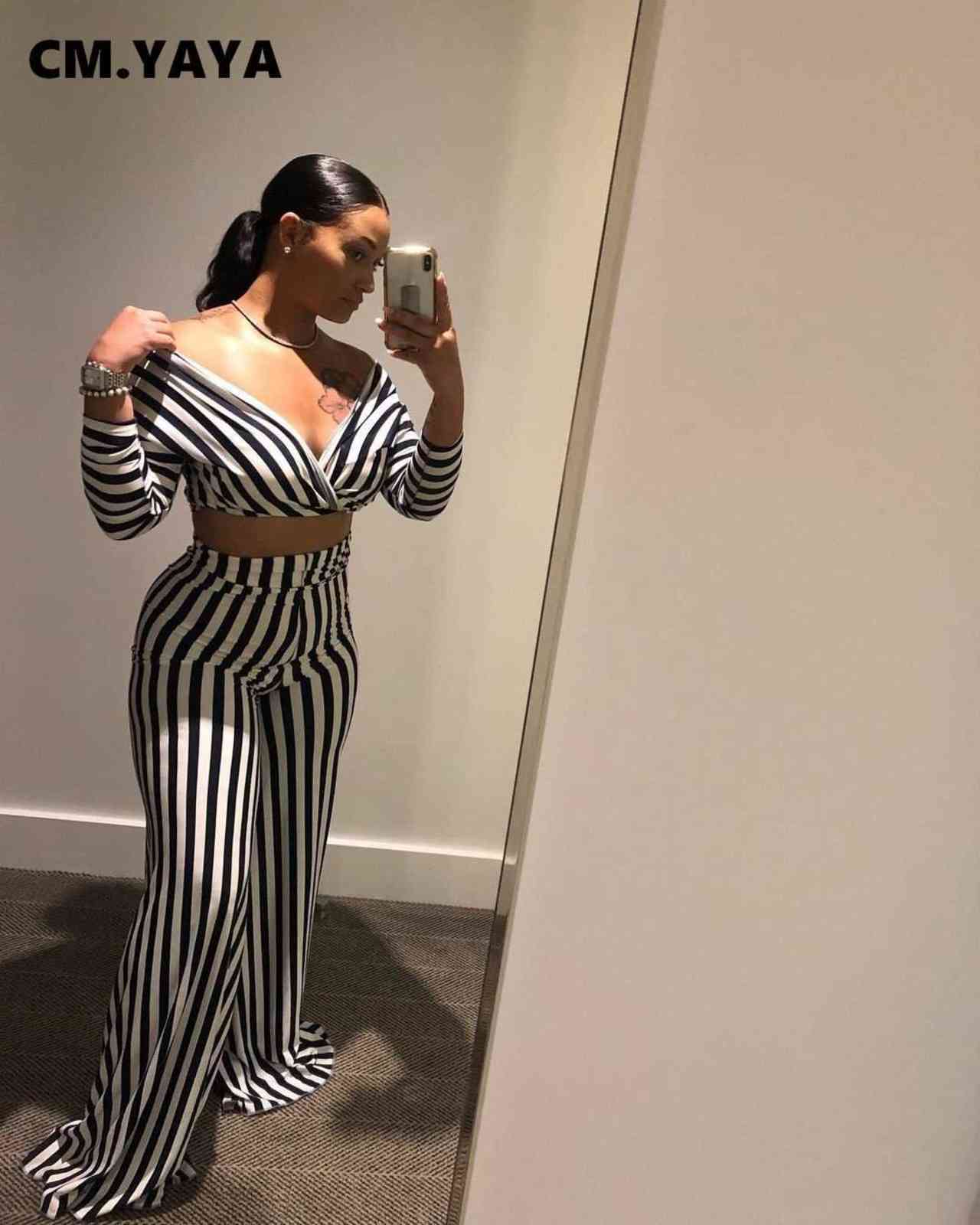 CM.YAYA Aumutn Women set Striped Full Sleeve Sexy Fashion Loose Pants Deep V-Neck Two Set 211105